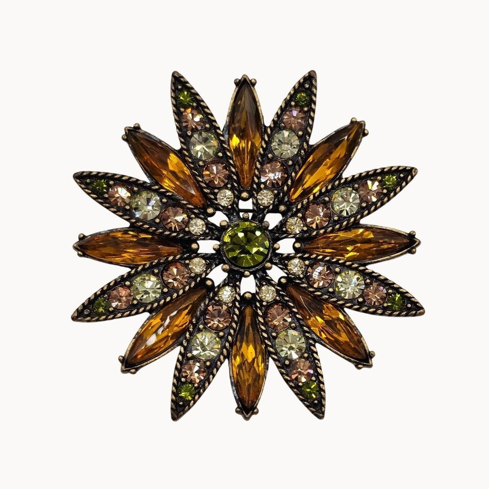 Vtg Floral Brown Bronze‎ Tone Kiam Family Atomic Signed Pin Lapel Multicolor